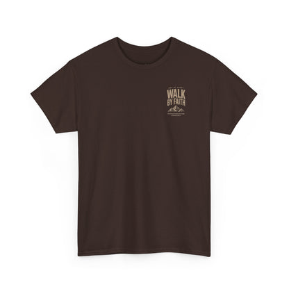 Walk By Faith T‑Shirt — Inspirational Christian Tee with Mountain Design (2 Corinthians 5:7)
