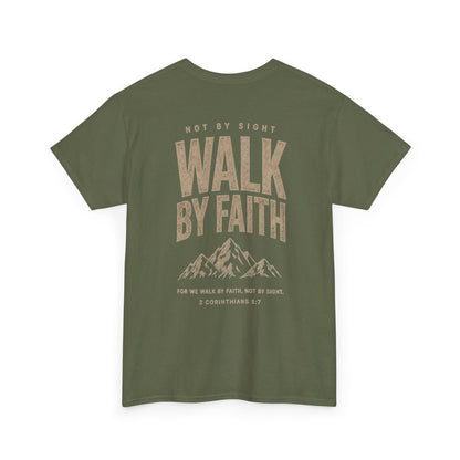 Walk By Faith T‑Shirt — Inspirational Christian Tee with Mountain Design (2 Corinthians 5:7)
