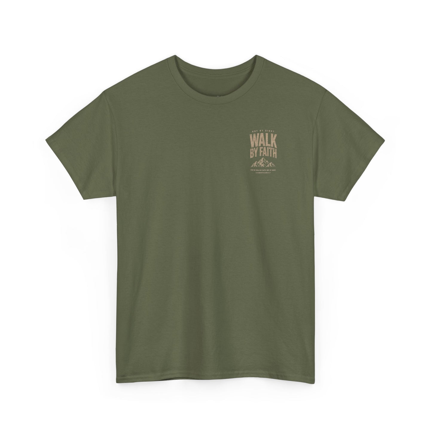 Walk By Faith T‑Shirt — Inspirational Christian Tee with Mountain Design (2 Corinthians 5:7)