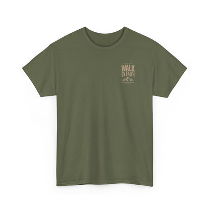 Walk By Faith T‑Shirt — Inspirational Christian Tee with Mountain Design (2 Corinthians 5:7)