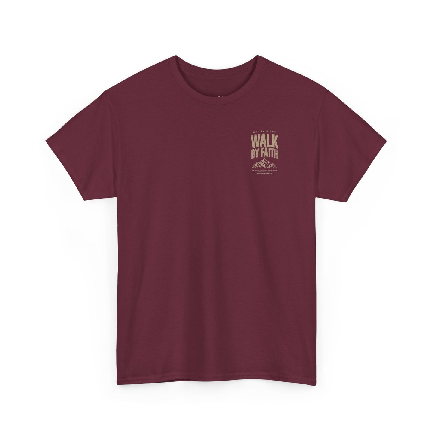 Walk By Faith T‑Shirt — Inspirational Christian Tee with Mountain Design (2 Corinthians 5:7)