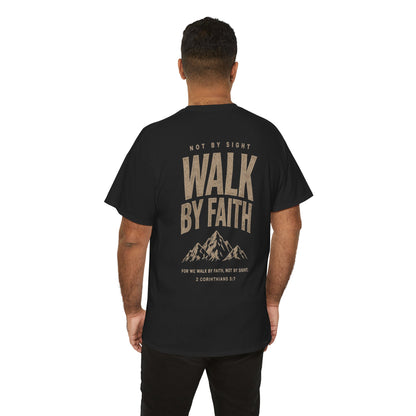 Walk By Faith T‑Shirt — Inspirational Christian Tee with Mountain Design (2 Corinthians 5:7)