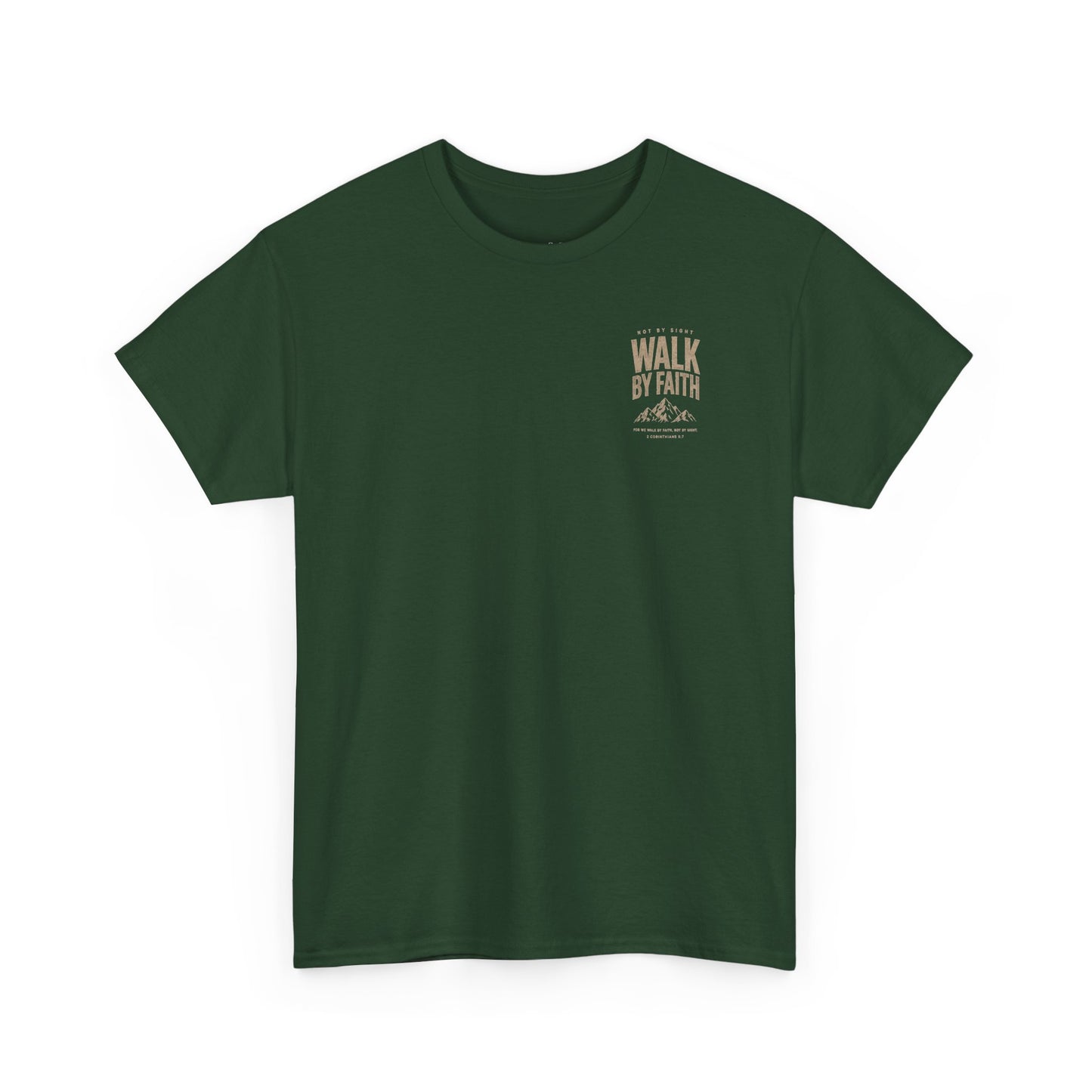 Walk By Faith T‑Shirt — Inspirational Christian Tee with Mountain Design (2 Corinthians 5:7)