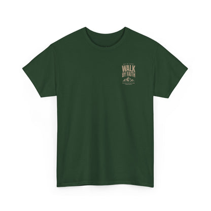 Walk By Faith T‑Shirt — Inspirational Christian Tee with Mountain Design (2 Corinthians 5:7)