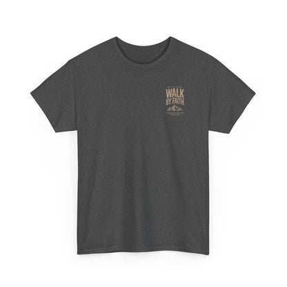 Walk By Faith T‑Shirt — Inspirational Christian Tee with Mountain Design (2 Corinthians 5:7)